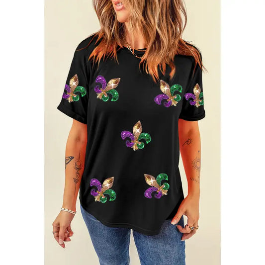 Mardi Gras Symbol Patched Tee- Black
