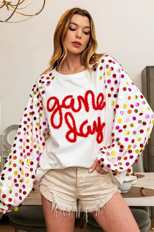 Game Day Metallic Letter Spangled Sweatshirt- Purple