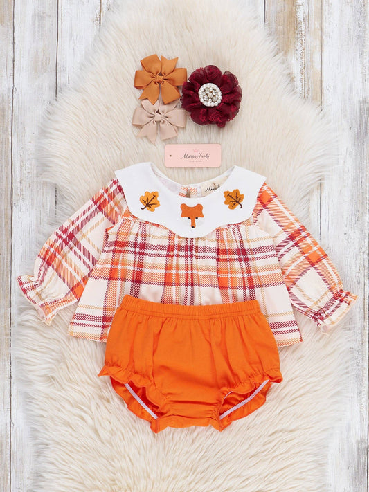 Cabin Critter Embroidered Plaid Bloomers Outfit