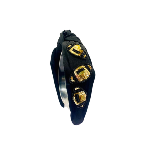 Game Day Football Headband Knot Sequin - Black and Gold
