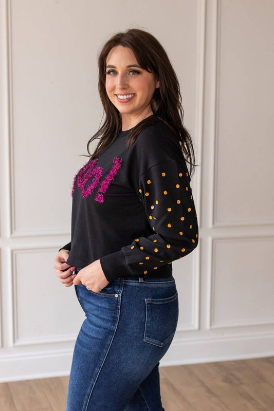 Black Boo Crewneck with Pumpkin Sequin Sleeves