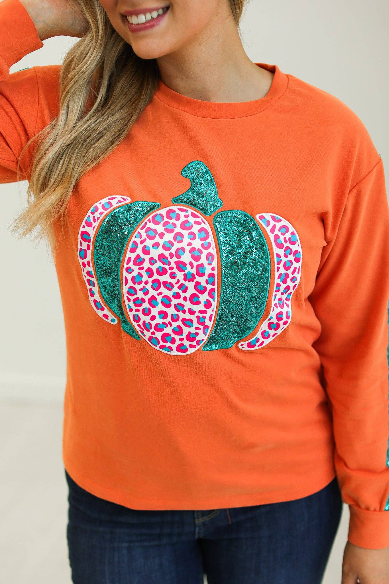 Orange Pumpkin Sequin Sleeve Sweater