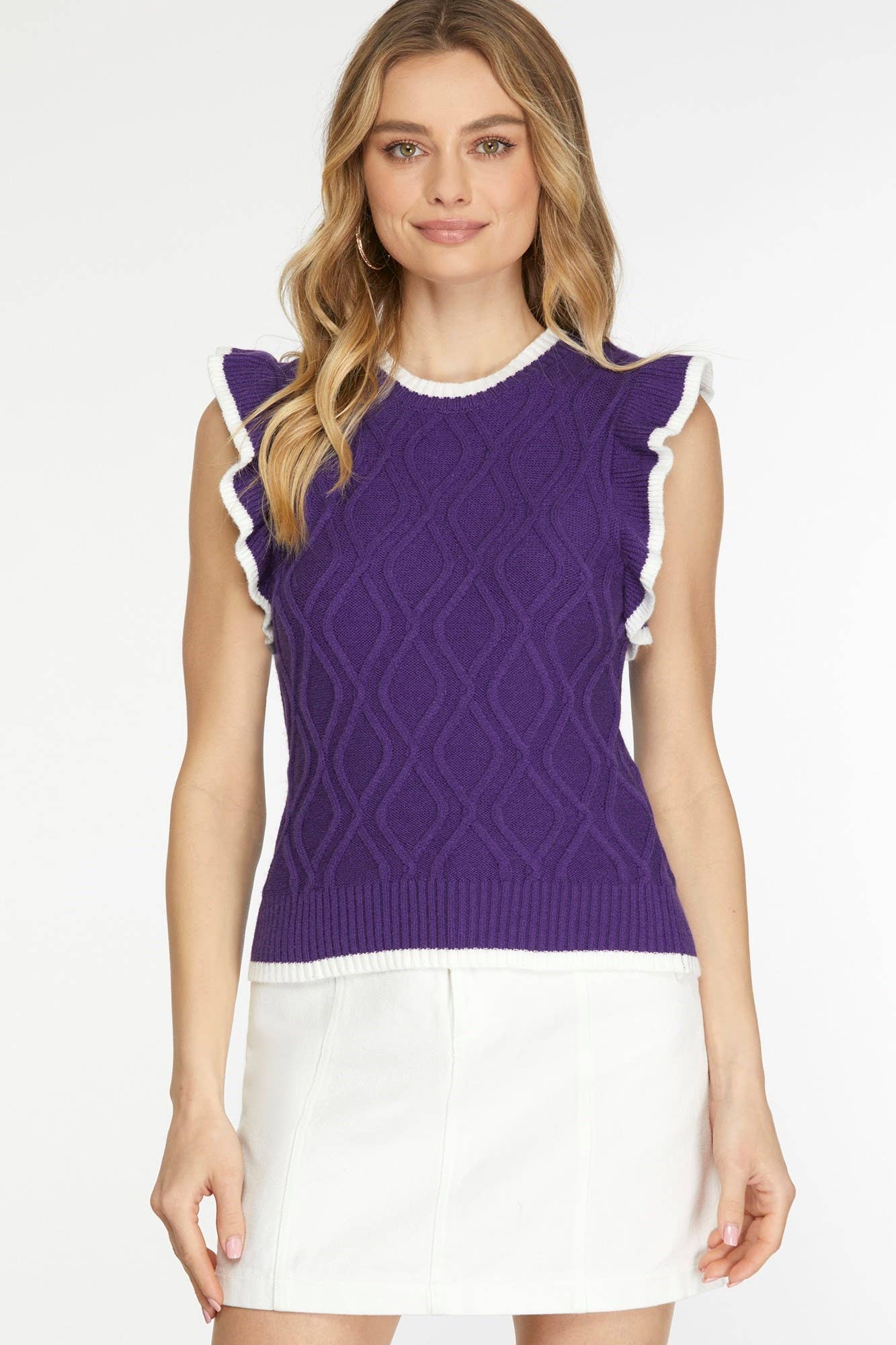 Game Day Ruffle Sleeve Cable Sweater Top- Red