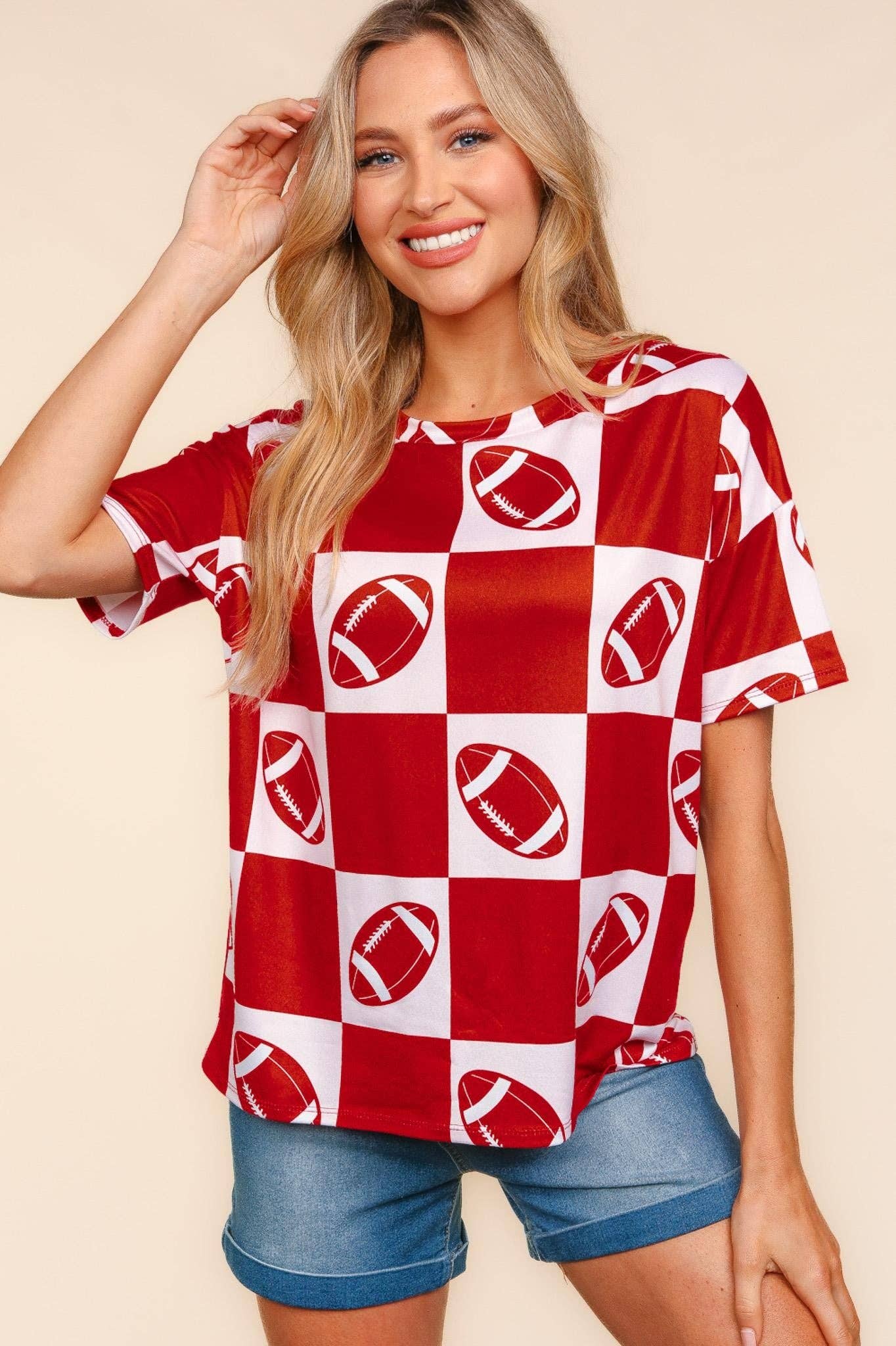 Game Day Football Checker Print Knit Top- Red