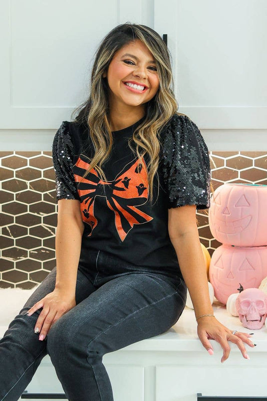 Halloween Bow on Black Top With Sequins Puff Sleeve- Black