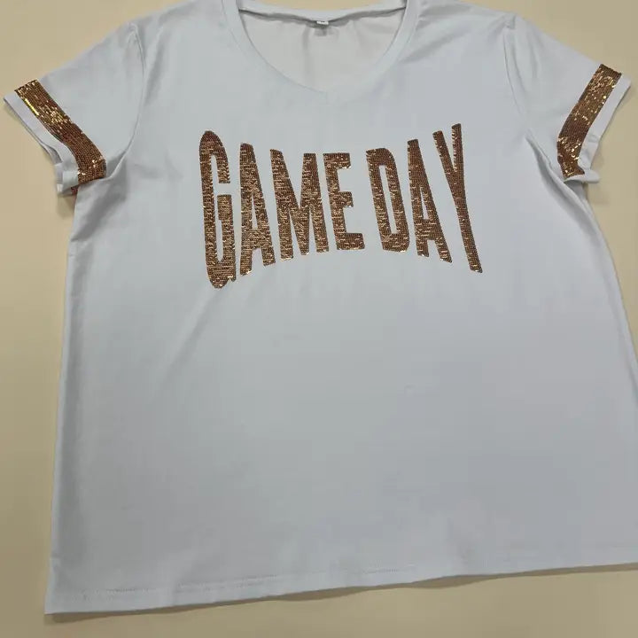 Gameday Sequin V-Neck Tee- White