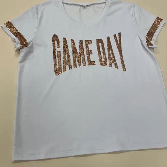 Gameday Sequin V-Neck Tee- White