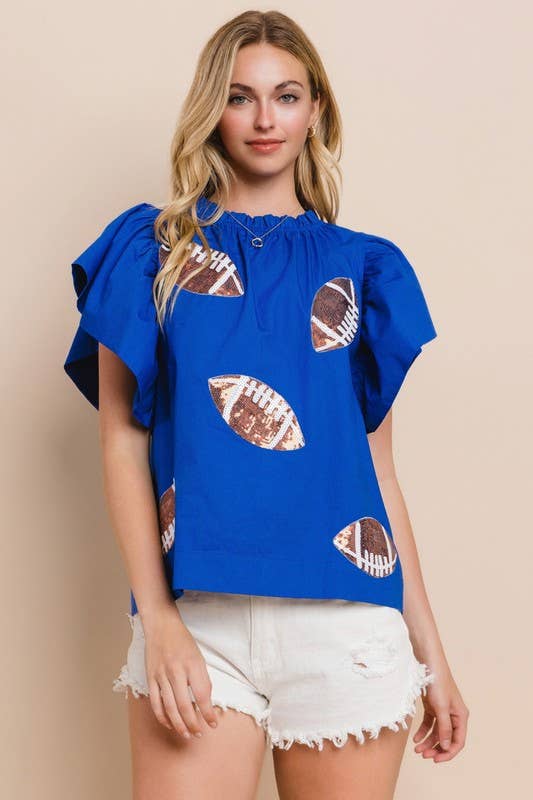 Plus Football Sequin Patch Solid Poplin Blouse- Blue