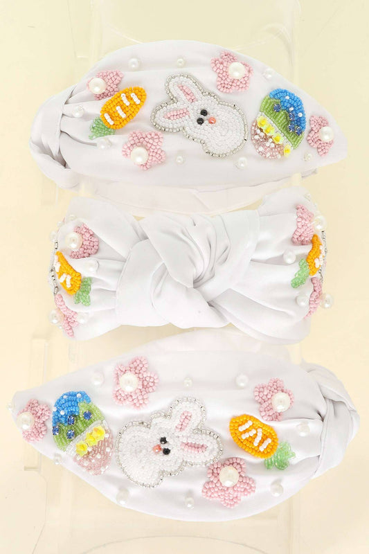 Floral Bunny and Egg Jeweled Beaded Headband- White