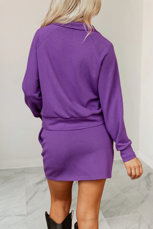Solid Half Zip Front Pullover & Mini Skirt