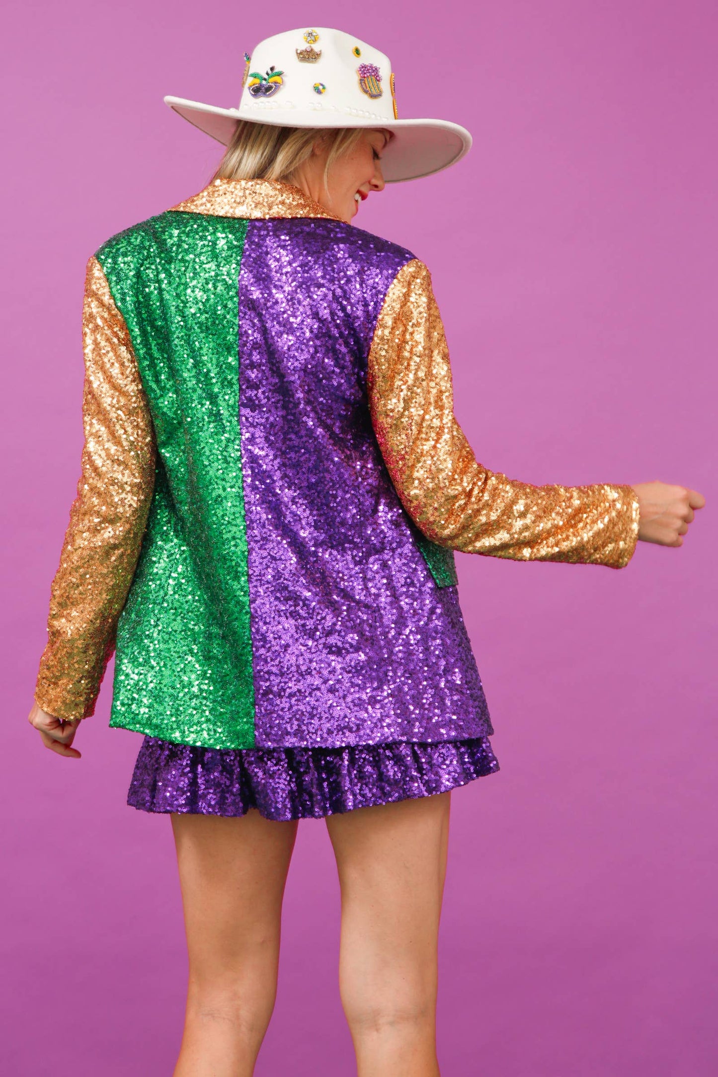Mardi Gras Color Block Sequin Blazer -Purple/ Green Multi