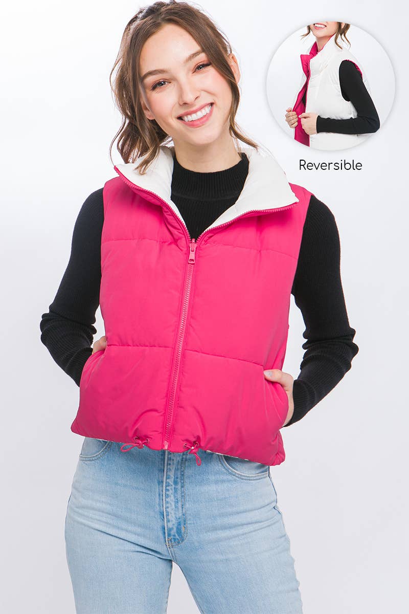 Puffer Vest With Pockets- Fuchsia