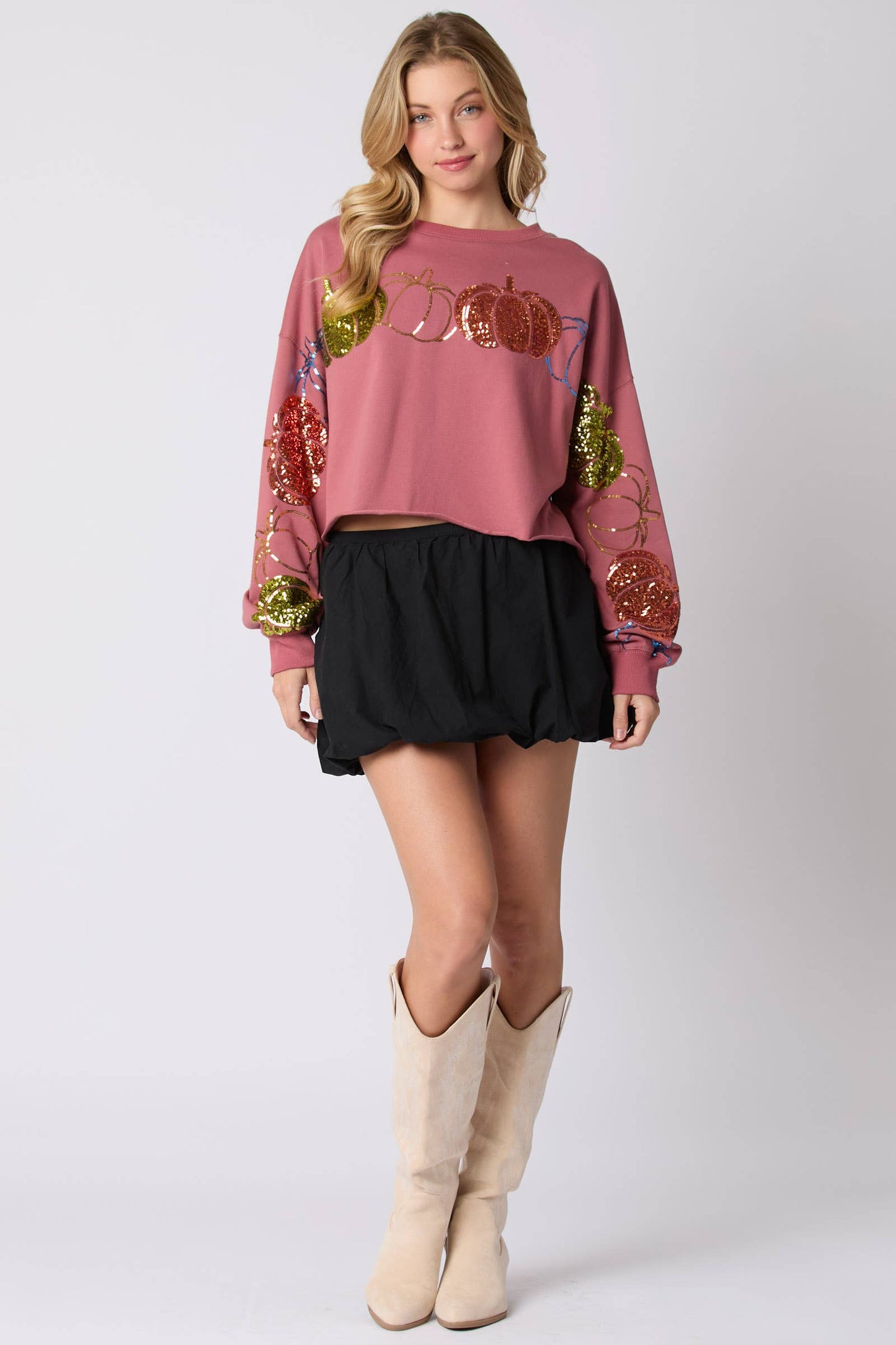 Thanksgiving Pumpkin Sequins Embroidery Sweatshirt- Cream