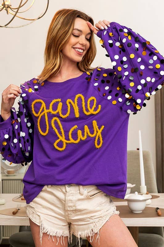 Game Day Metallic Letter Spangled Sweatshirt- Purple