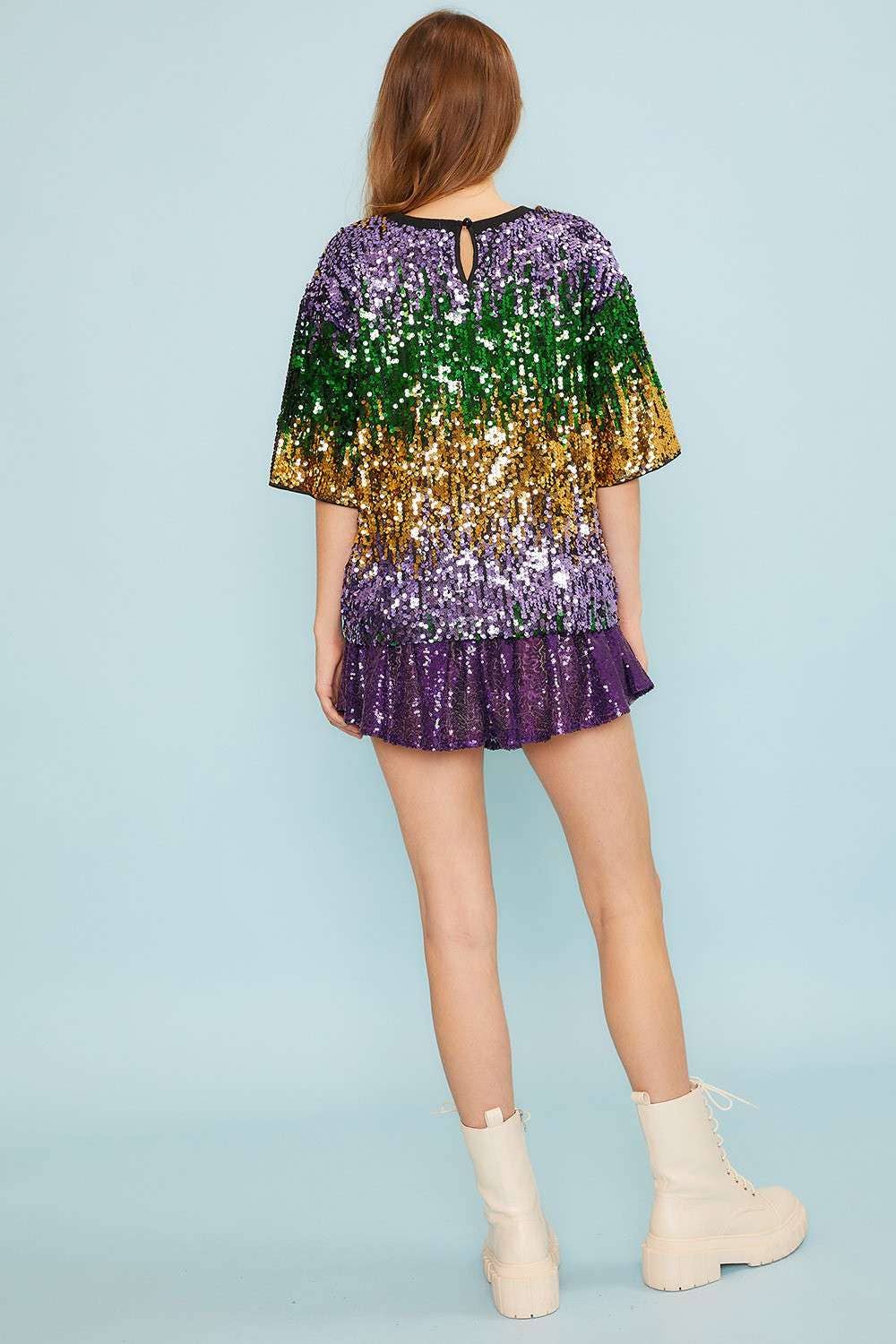 Mardi Gras Color Block Sequin Round Neck Top