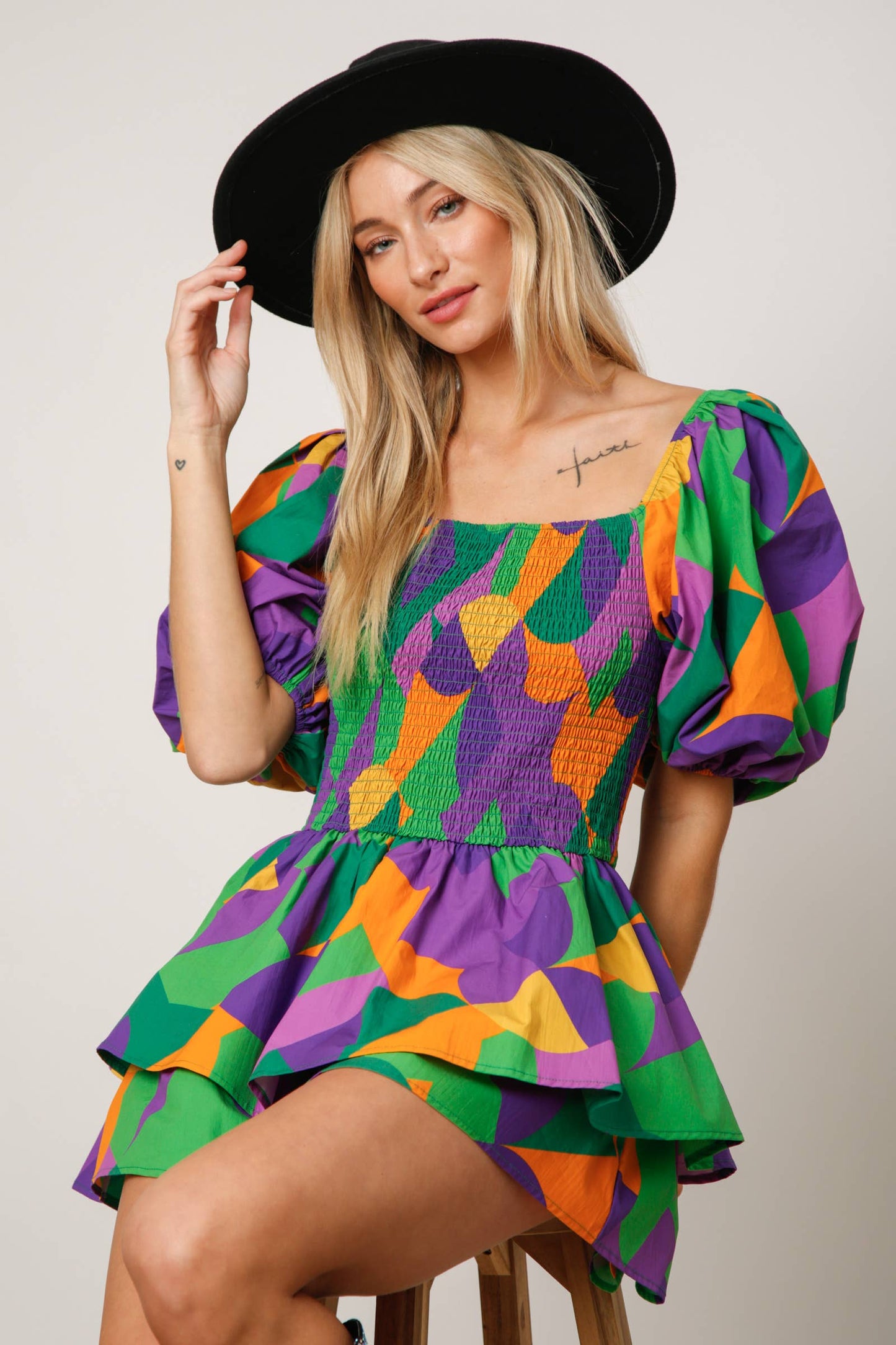 Mardi Gras Geo Print Smocked Romper