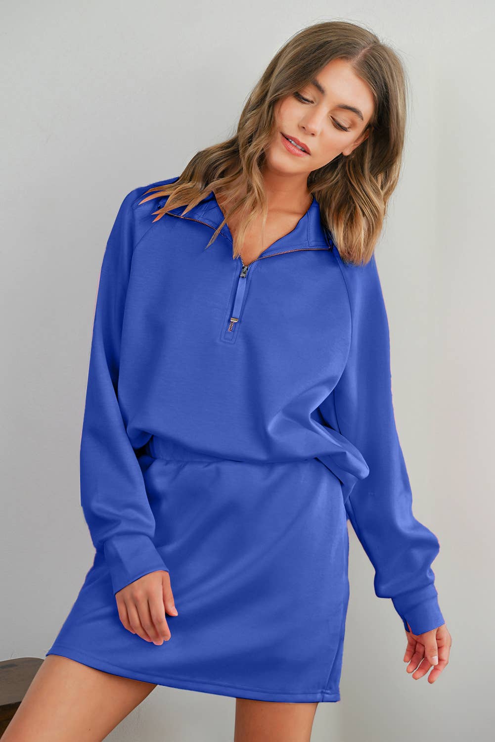 Solid Half Zip Front Pullover & Mini Skirt