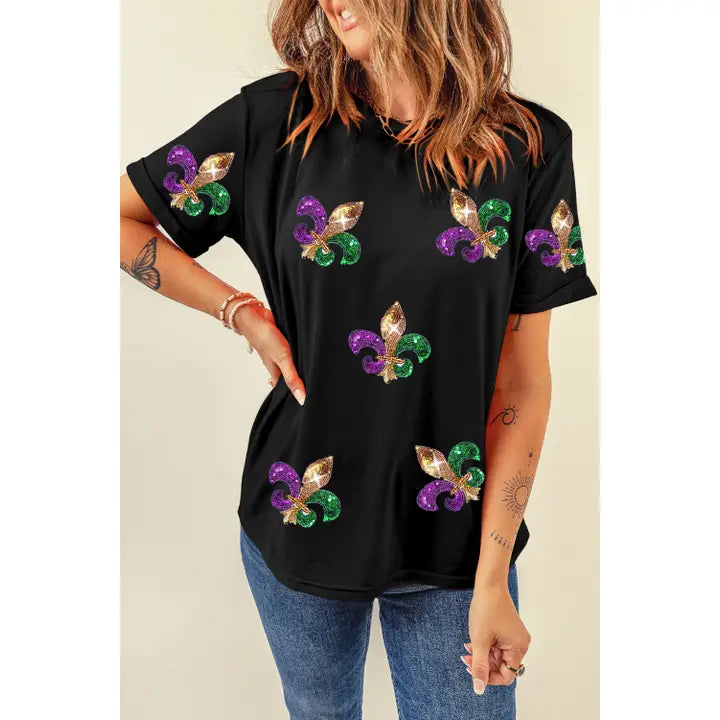 Mardi Gras Symbol Patched Tee- Black