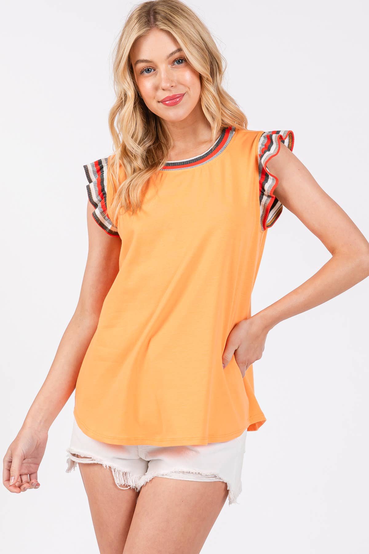 Contrast Striped Sleeveless Round Neck Top- Off White