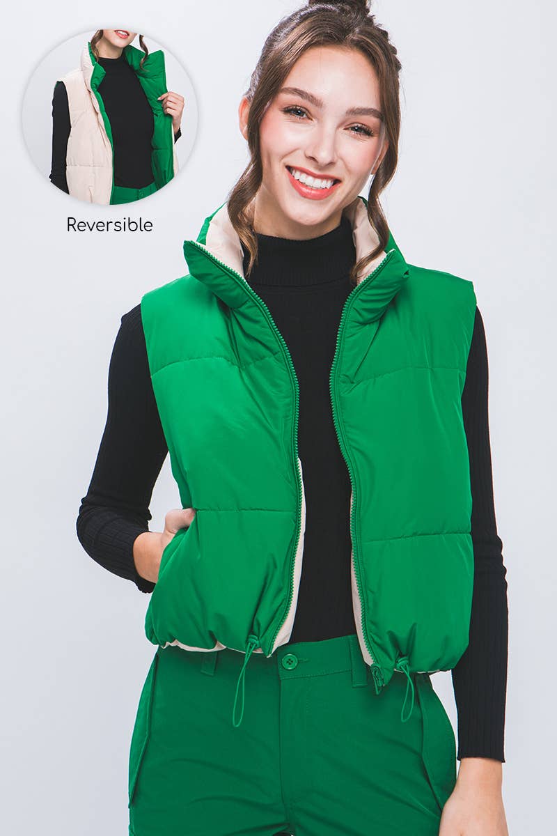 Puffer Vest With Pockets- Green