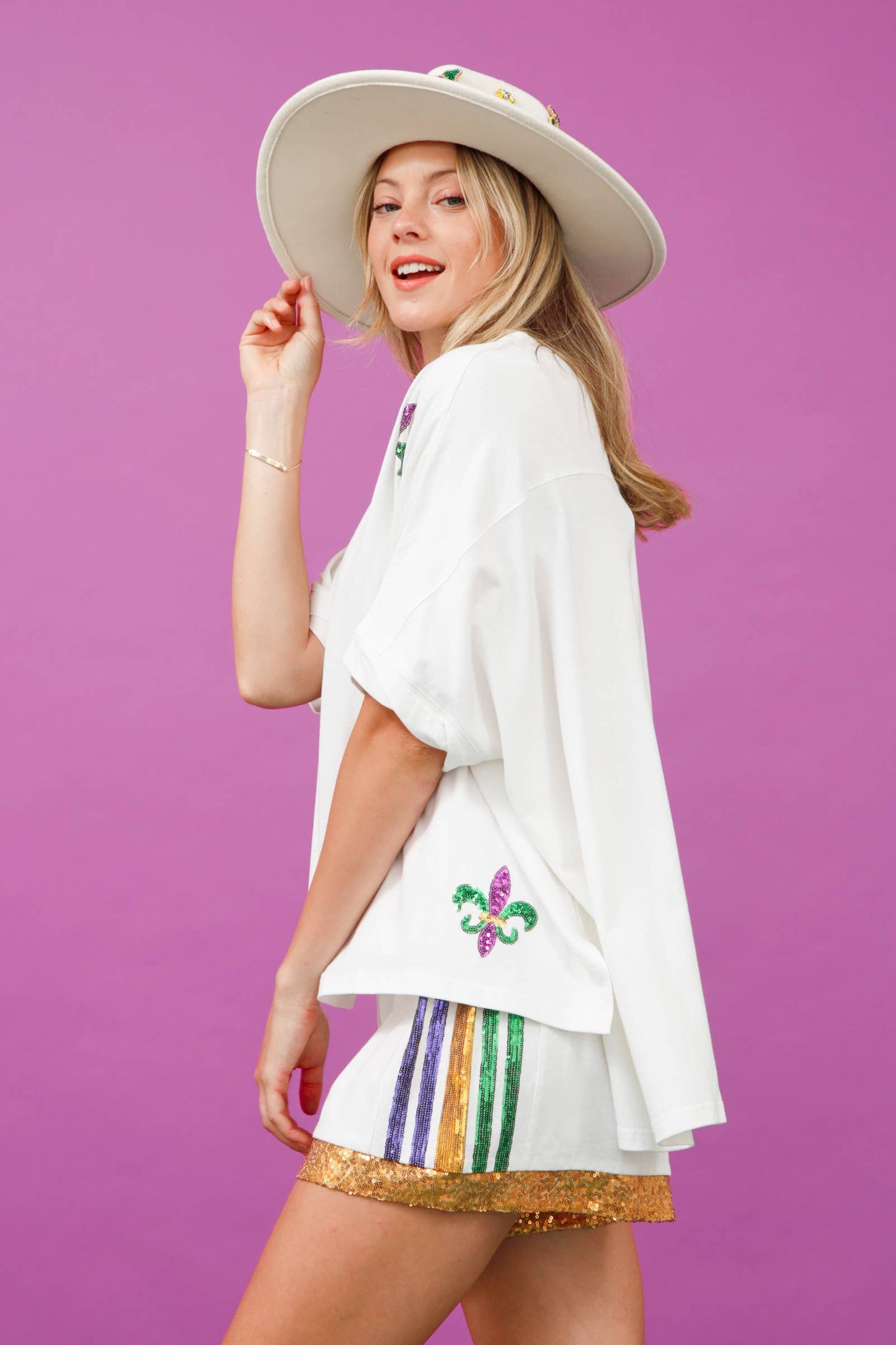 Sequin Mardi Gras Masks Loose Fit Shirt- White
