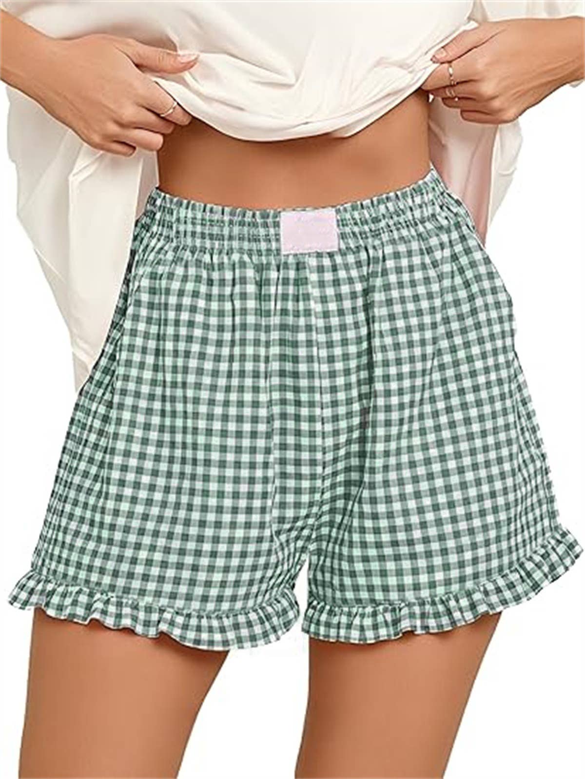 Red Check Print Ruffle Shorts