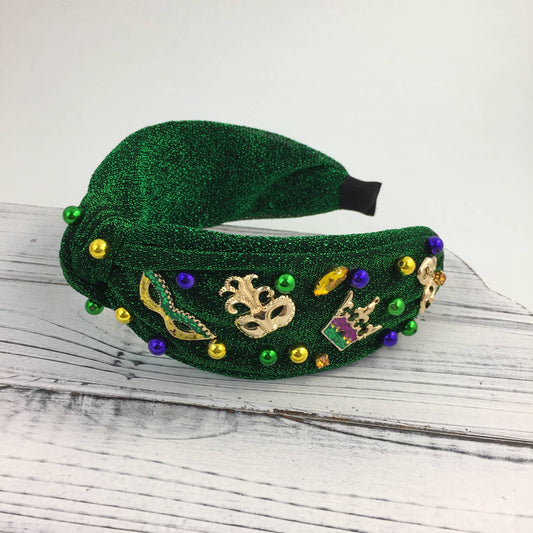 Green Mardi Gras Mask Crown Sparkle Knot Headband