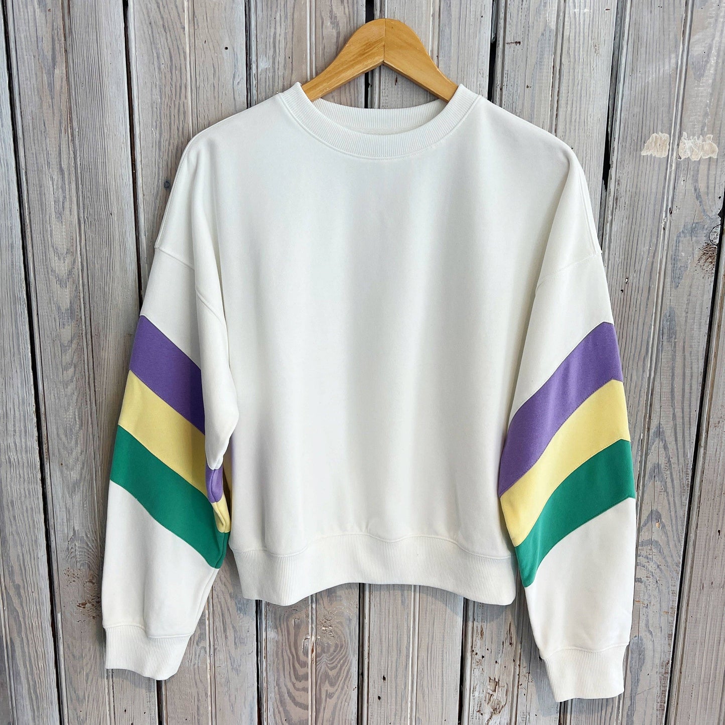 White Sweatshirt with Pastel Mardi Gras Stripes