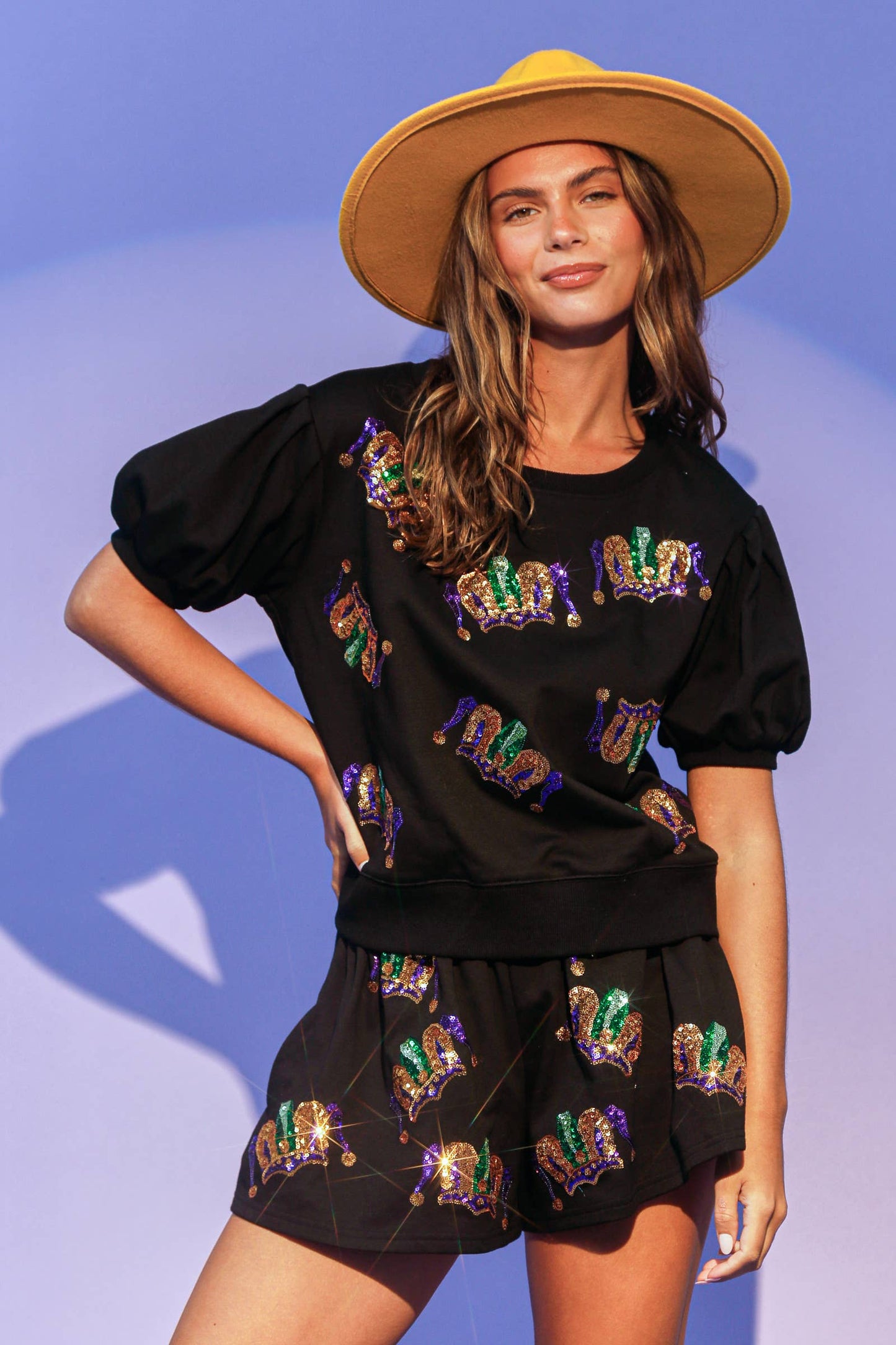 Mardi Gras Sequin Jester Hat Crop Top- Light Purple