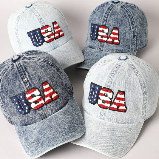 USA Letter Chenille Patch Baseball Cap- Light Blue