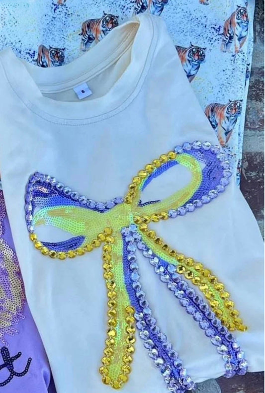 Preppy Purple & Gold Bows Sequin Tee Youth & Adult