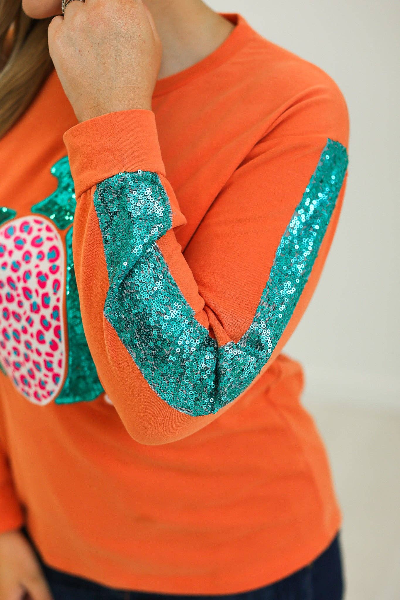 Orange Pumpkin Sequin Sleeve Sweater