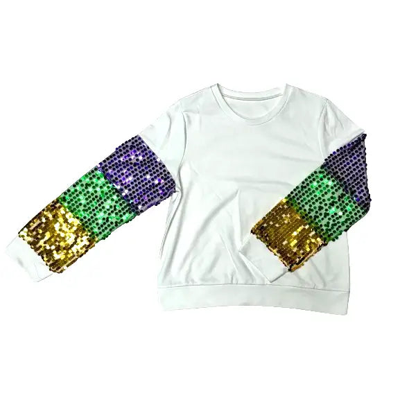 Mardi Gras Sequined Sleeve Sweatshirt Adult- White