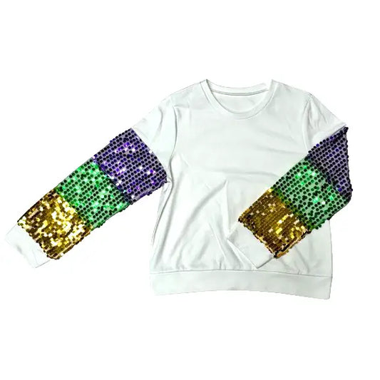 Mardi Gras Sequined Sleeve Sweatshirt Adult- White