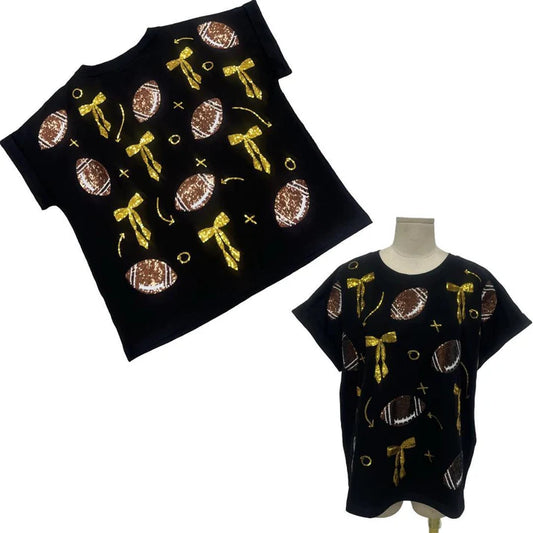 Black Footballs and Bows Sequin Tee Youth & Adult