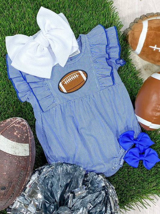 Royal Blue Classic Gingham Football Girls Onesie