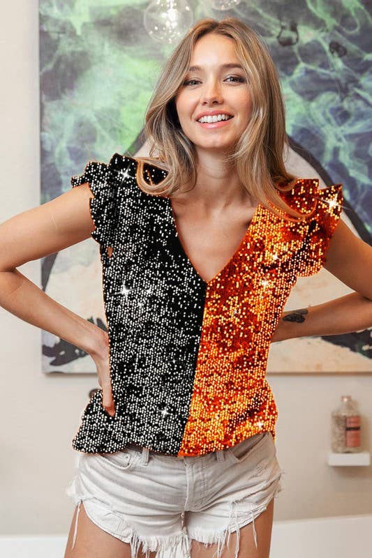 Game Day Color Block Sequin Ruffled Armhole Top- Purple & Gold