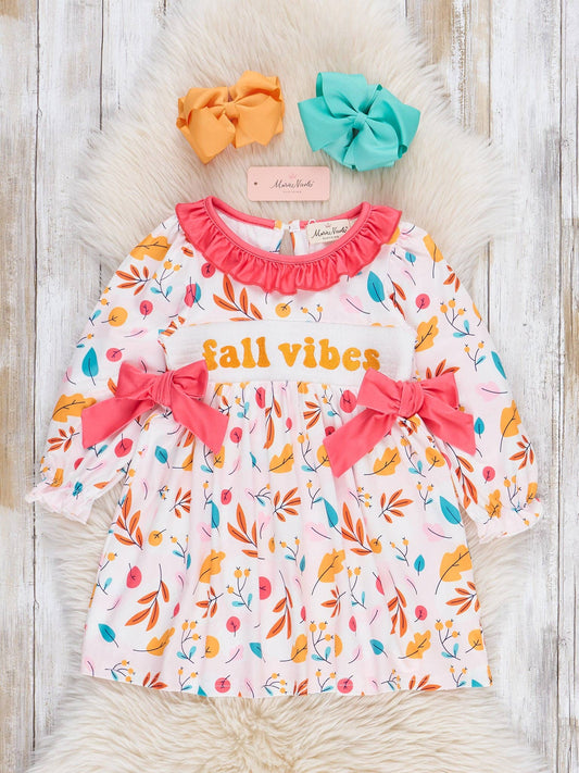 Fall Vibes Smocked Ruffle Leaves Dress