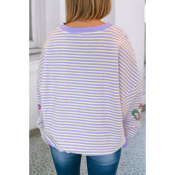 Fleur De Lis Sequin Patched Pattern Long Sleeve Tee- Purple
