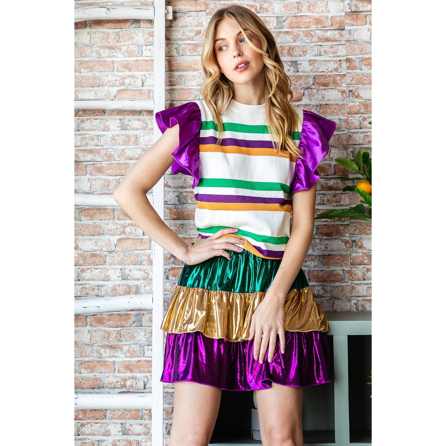 Mardi Gras Stripe Flutter Sleeve Sweater- White