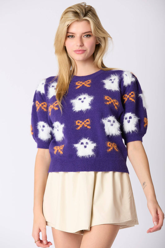Fur Ghost & Ribbon Patterned Puff Sleeve Sweater- Purple