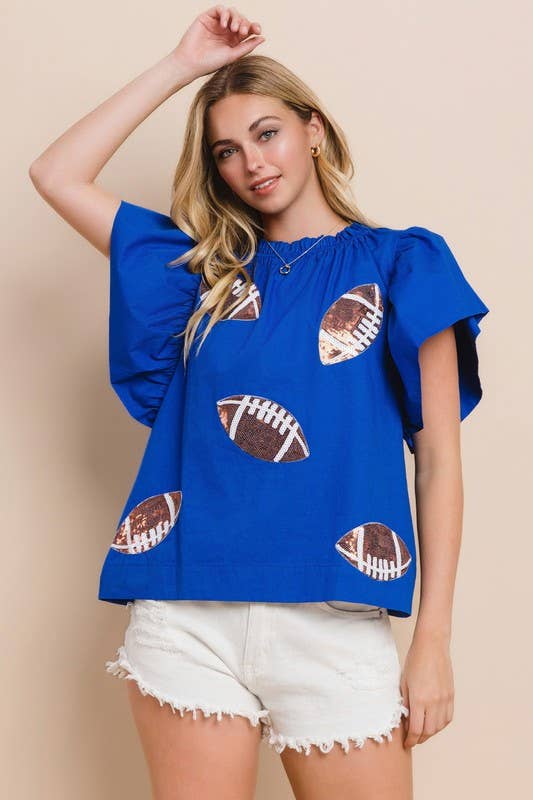Plus Football Sequin Patch Solid Poplin Blouse- Blue