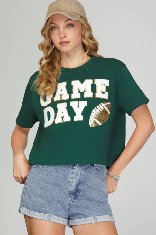 Game Day Football Patch Top- Forest Green