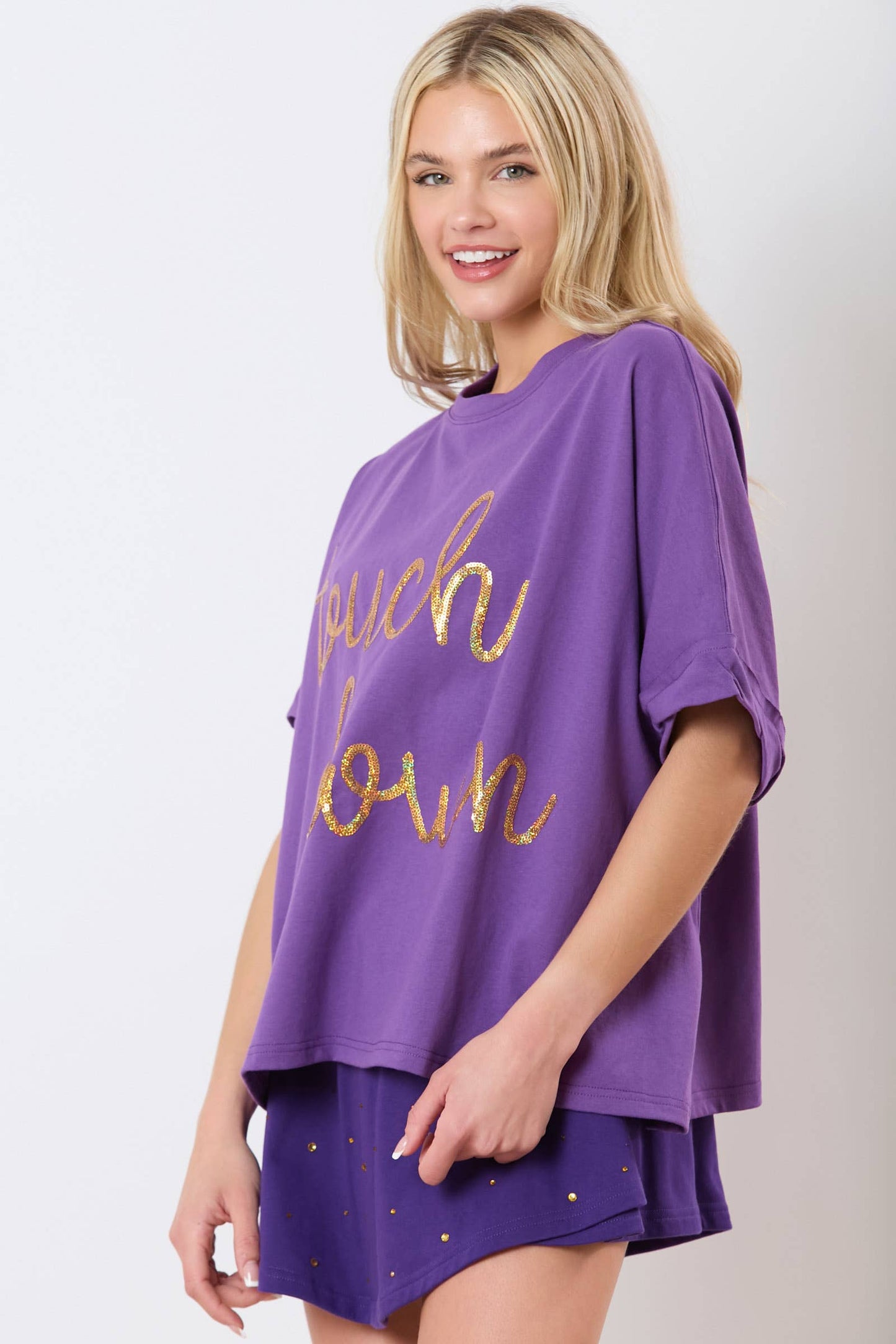 Touch Down Sequin Embroidery Oversized Top- Purple