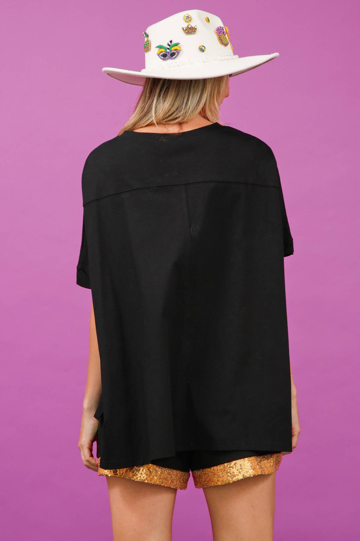 Sequin Mardi Gras Masks Loose Fit Shirt- Black