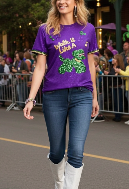 Mardi Gras Walk It Like A Dog Sequin Embroidered T-Shirt