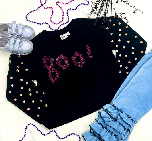Girls Black Boo Crewneck with Pumpkin Sequin Sleeves