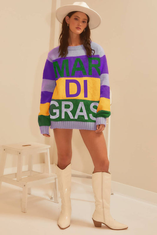 Mardi Gras Stripe Color Block Sweater- Purple Multi