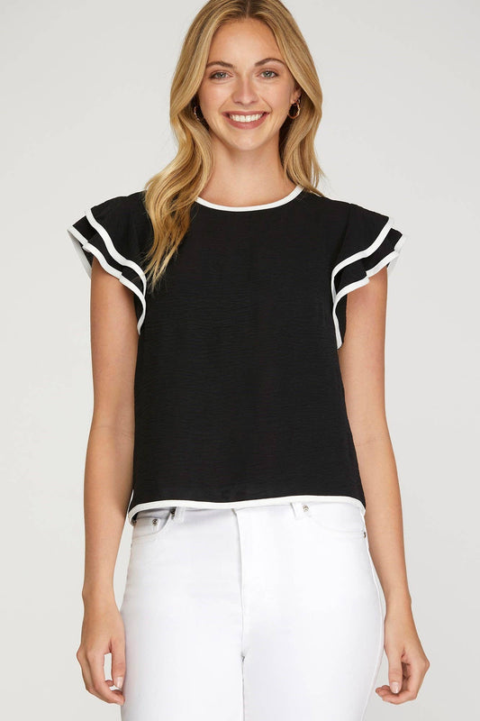 Game Day Ruffle Sleeve Contrast Piping Top- Black