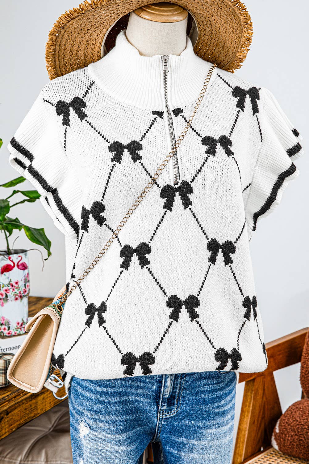 Fashion-W Preppy Vibes Bow Print Zipped Collar Sweater Tee- White